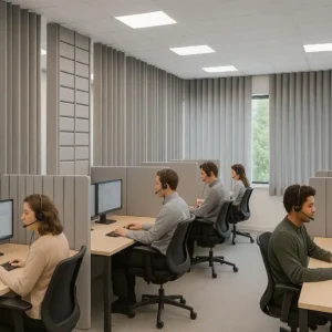 Acoustic Blinds Call Center Workspace Quiet, peaceful, and sound-controlled-minimizes noise for staff productivity.