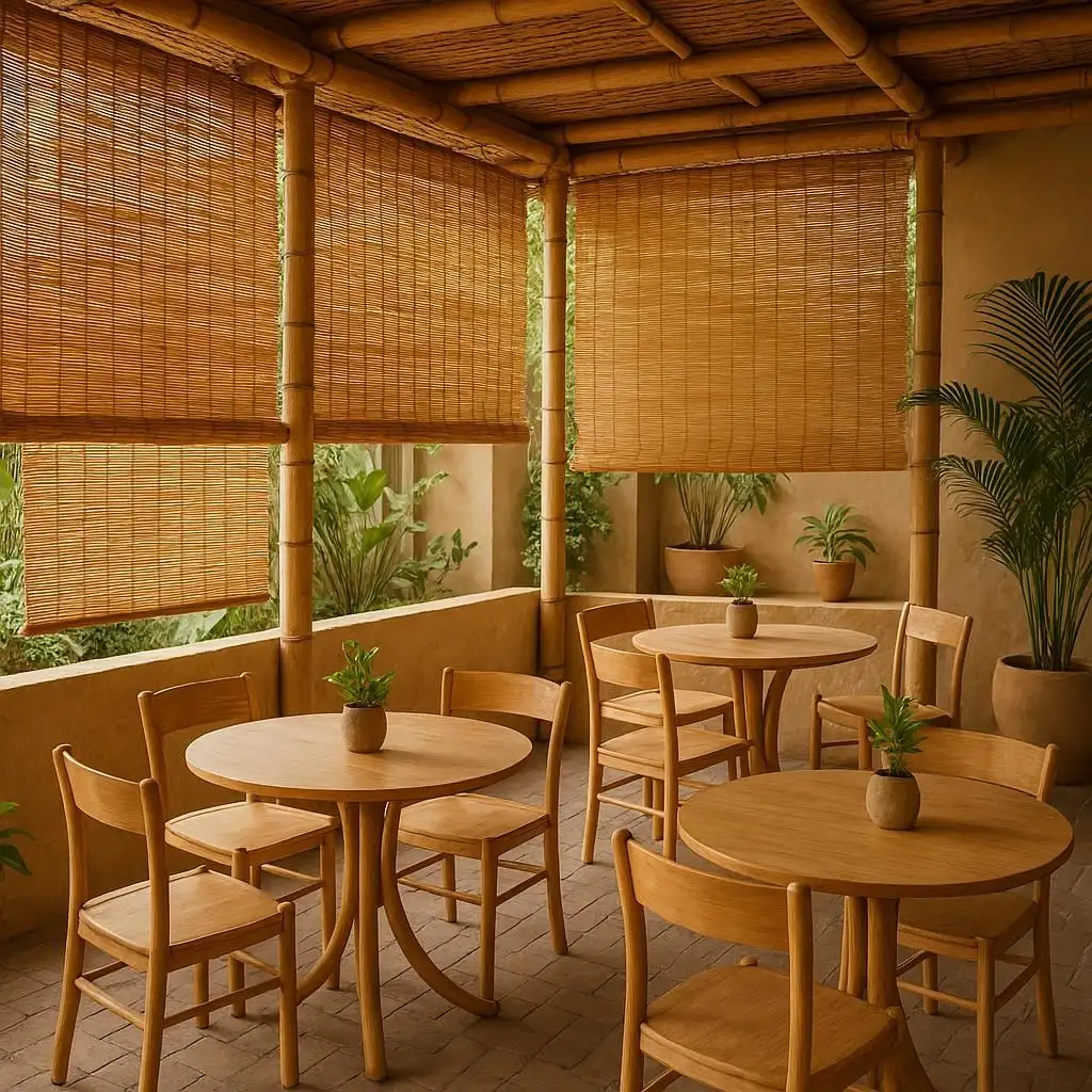 Bamboo Blinds Eco-friendly Café Seating Area Eco-friendly, organic, and relaxing-aligns with a sustainable business ethos.