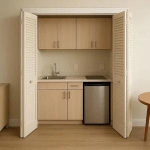 Bi-fold Blinds In-room Kitchenettes Space-saving, neat, and easy to use-lets guests open or close off kitchen areas as needed.