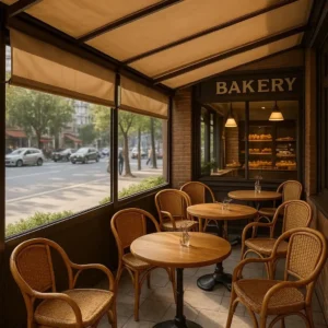 Cafe Blinds Street-facing Bakery Patio Cozy, casual, and open-offers comfort while allowing views of the busy street.