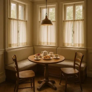 Cafe Curtains Hotel Breakfast Nook Charming, semi-private, and cozy-lets in morning light while ensuring comfort at breakfast.