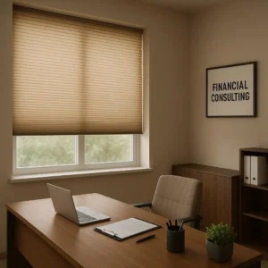 Cellular Honeycomb Blinds Financial Consulting Office Quiet, energy-efficient, and cozy-reduces noise and improves insulation for focused work.