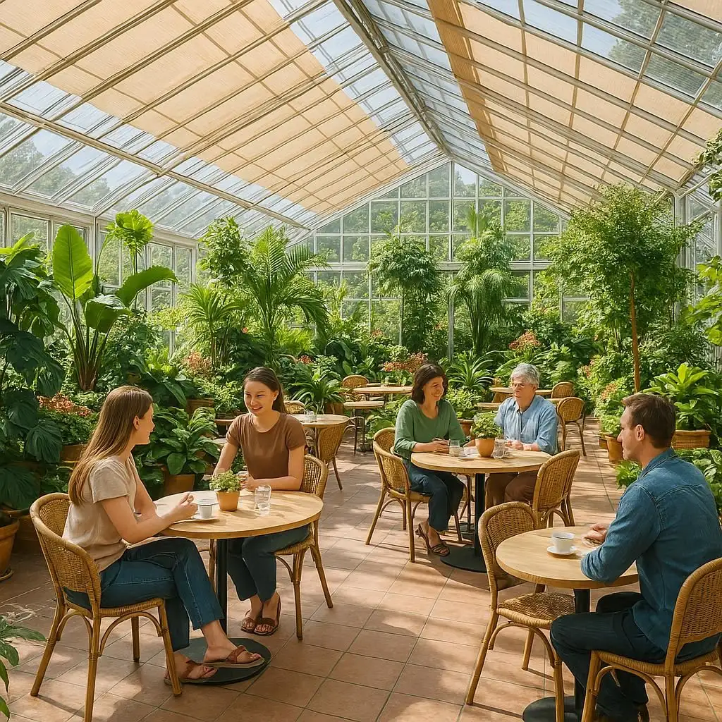 Conservatory Blinds Garden Center Café Bright, temperature-controlled, and garden-like-keeps patrons comfortable among plants.