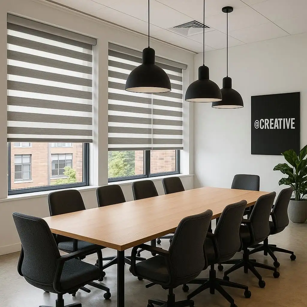 Double Roller Blinds Creative Agency Boardroom Versatile, layered, and adjustable-offers dual control for varying light needs.