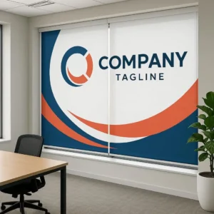 Graphic Printed Blinds Corporate Office Branding Area Branded, creative, and personalized-features company logo and colors.