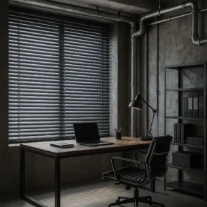 Metal Blinds Industrial Loft Workspace Sleek, strong, and industrial-complements exposed pipes and concrete.