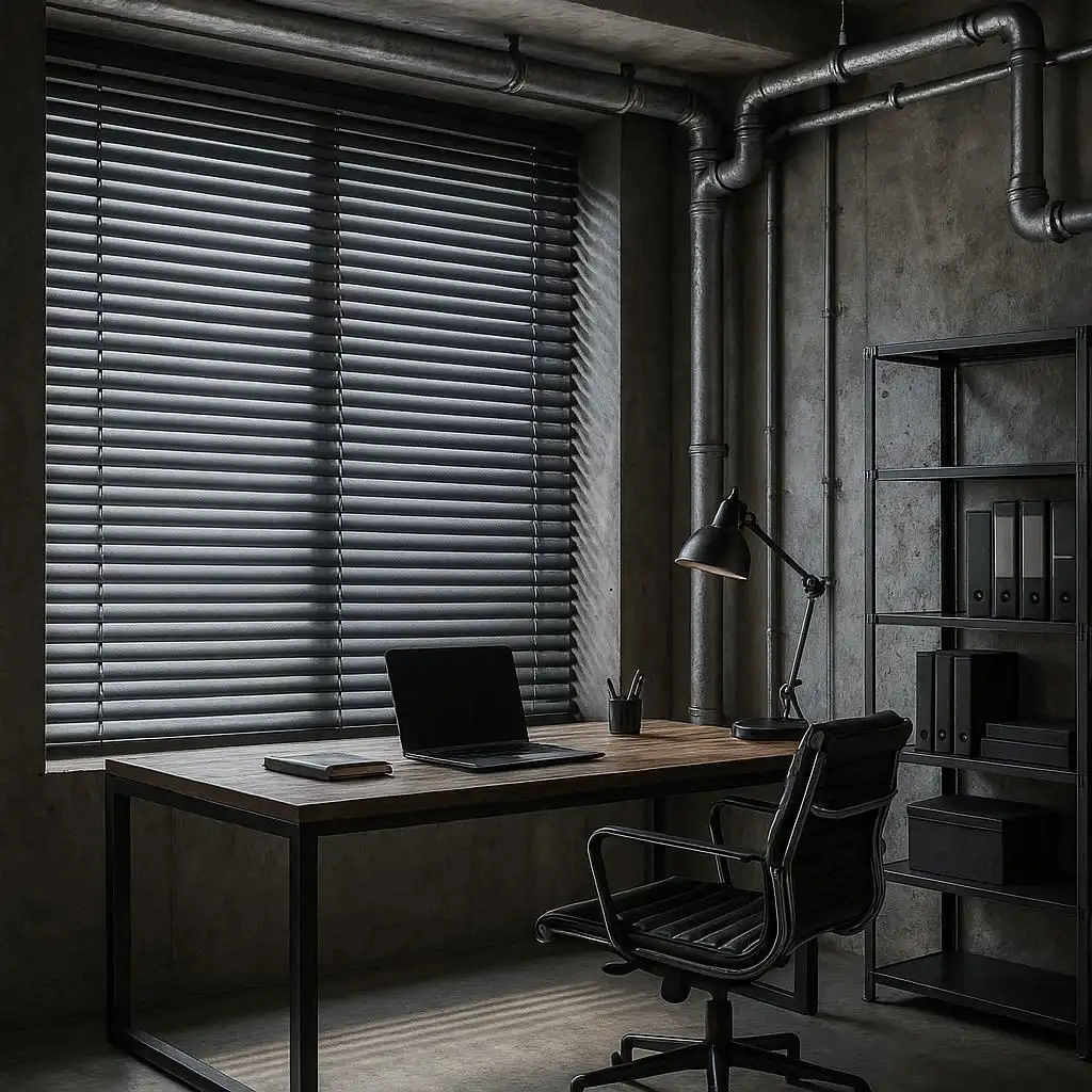 Metal Blinds Industrial Loft Workspace Sleek, strong, and industrial-complements exposed pipes and concrete.