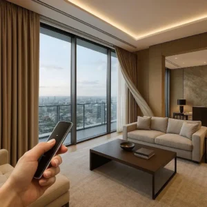 Motorized Drapes Luxury Penthouse Suites High-tech, convenient, and impressive-guests control drapes with a touch for extra comfort.