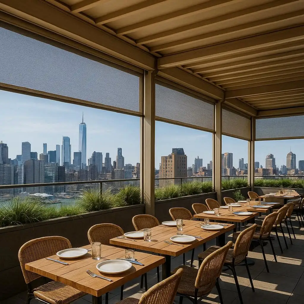 Outdoor Blinds Rooftop Bar Dining Area Breezy, protected, and alfresco-shelters guests without blocking the skyline.