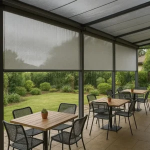 Outdoor Patio Blinds Terrace Dining Area Weather-resistant, protective, and flexible-shields diners from sun and rain while dining alfresco.