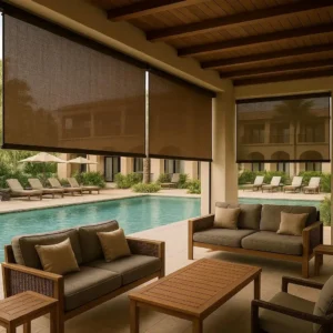 Patio Blinds Hotel Poolside Lounge Relaxed, shaded, and inviting-provides privacy and sun protection for guests.
