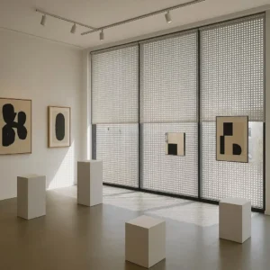 Perforated Blinds Modern Art Gallery Windows Light-filtering, patterned, and modern-adds visual interest while diffusing light.