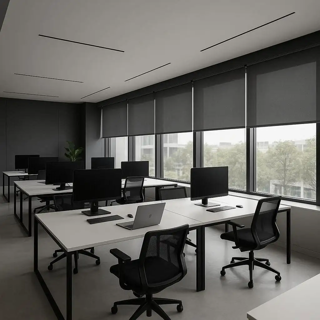 Roller Blinds Tech Startup Workspace Sleek, modern, and minimalist-complements open-plan desks and a contemporary aesthetic.