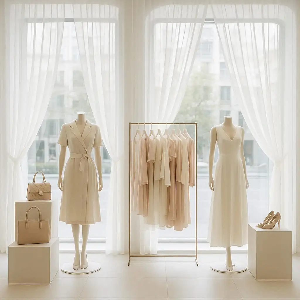 Sheer Blinds Fashion Boutique Display Windows Airy, bright, and elegant-let in natural light while showcasing products.