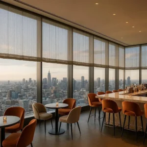 Sheer Blinds Sky Lounge Bar Light, chic, and view-enhancing-maintains privacy while showcasing skyline views.