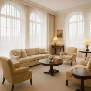 Sheer Drapes Presidential Suite Lounge Elegant, airy, and soft-lets in natural light while maintaining a sense of openness.