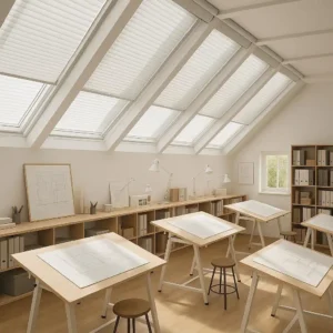 Skylight Blinds Architects Studio Bright, airy, and controlled-balances daylight to prevent glare on drawing tables.