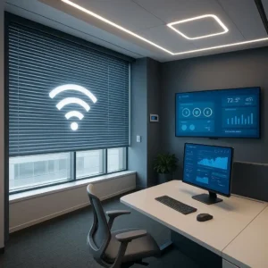 Smart Blinds (Wi-Fi enabled) Smart Office Demo Room Futuristic, automated, and responsive-shows off integrated building technology.