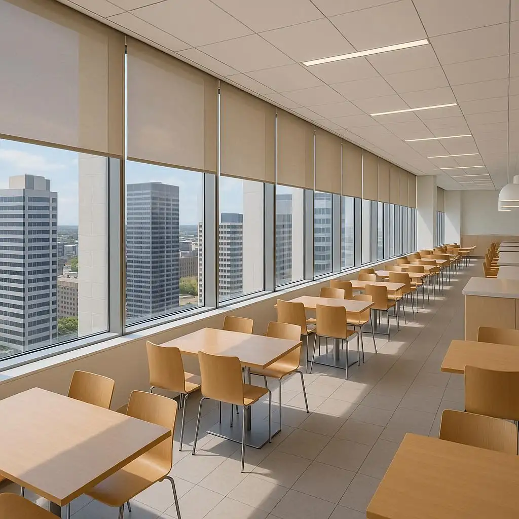 Solar Shades High-Rise Corporate Cafeteria Bright, energy-saving, and glare-reducing-maintains views while protecting against heat.