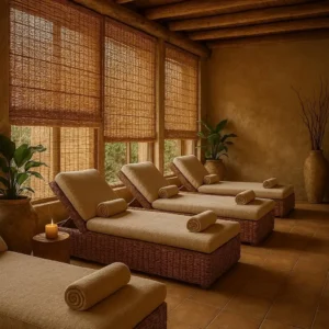 Woven Wood Blinds Day Spa Relaxation Lounge Earthy, natural, and textured-reinforces a connection to nature and tranquility.