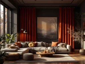 Moody, beautiful living room with custom drapery and window treatments