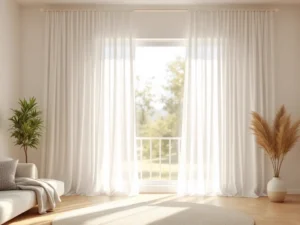 Sunlit living room with stylish window coverings and warm interior design