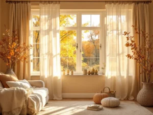 Breathtaking golden October landscape framed by elegant window treatments