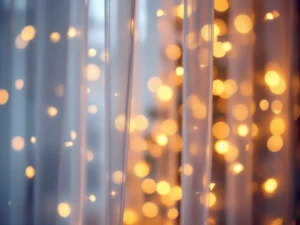 Close-up holiday portrait in a warmly decorated room with custom window coverings