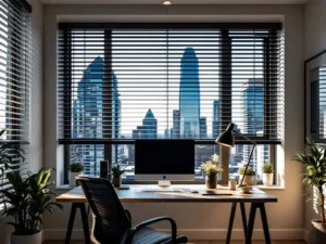 Modern home office with sleek furnishings and practical window blinds
