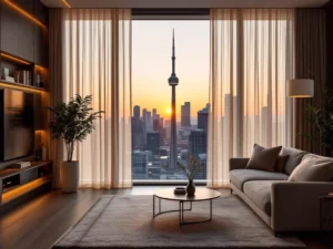 Penthouse condo living room with luxury drapery and expansive windows