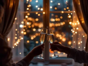 Celebratory New Year’s Eve interior with festive decor and custom drapery