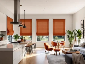 Open-plan kitchen and living area with modern blinds and bright windows
