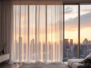 Floor-to-ceiling sheer white curtains creating a light, airy room