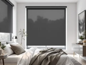 Motorized blackout blinds providing privacy and light control in a bedroom