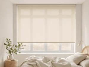 Minimalist luxury bedroom with elegant custom window treatments and designer drapery