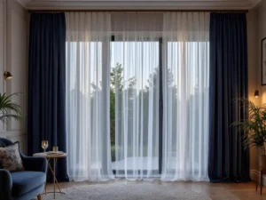 Layered window treatment combining custom drapery and blinds for a stylish bedroom