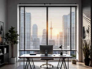 Modern home office with stylish blinds and custom window treatments