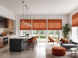 Open-plan kitchen and living area with modern window treatments and blinds