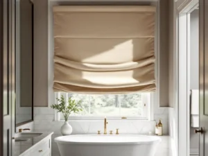 Designer master bathroom with sophisticated blinds and luxury window treatments