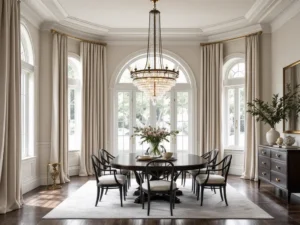 Grand formal dining room with elegant drapery and designer window treatments
