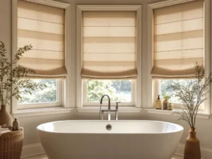 Serene spa bathroom with elegant window treatments from Crazy Joe's Drapery and Blinds