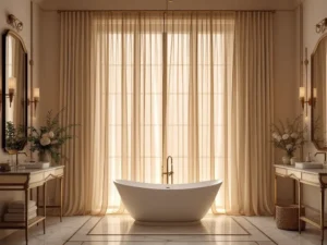 Opulent master bathroom featuring stylish custom window treatments