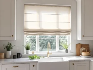 Bright modern kitchen with contemporary blinds and elegant window coverings