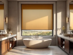 Luxury hotel-style master bedroom with custom drapes and window blinds