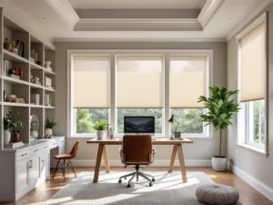 Contemporary home office with refined window treatments and natural light