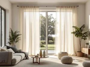Open-plan living and dining room with custom window shades