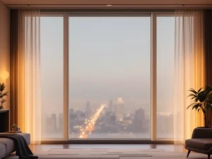 Contemporary condo with floor-to-ceiling custom window treatments and modern blinds
